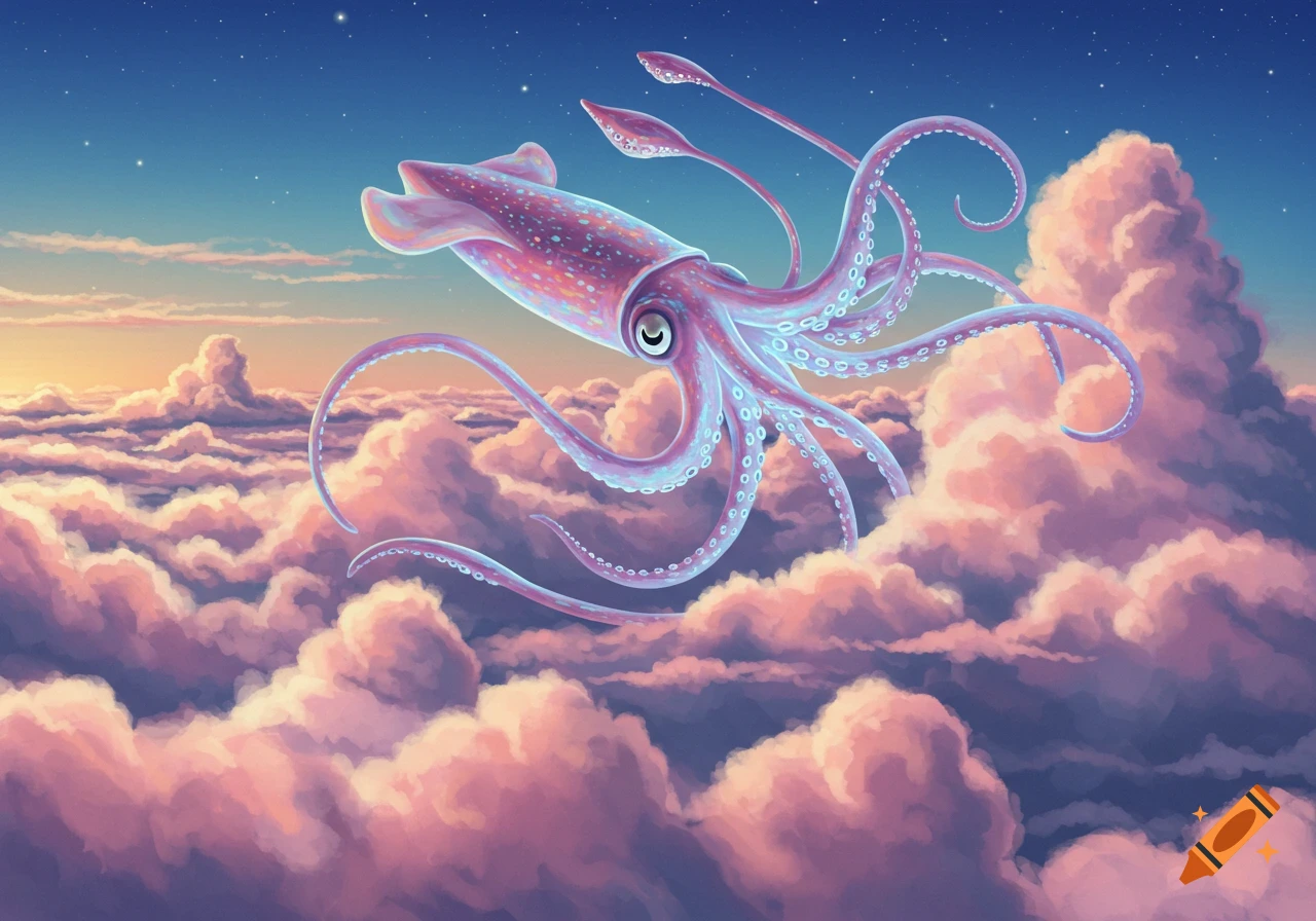 A vibrant, glowing pink and blue squid with long tentacles floats gracefully above fluffy pink clouds at sunset under a starry sky.