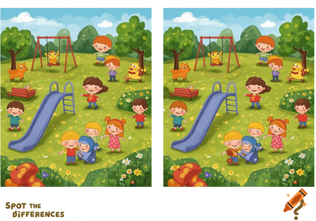 Two cartoon illustrations of children playing in a park for a spot the difference game.