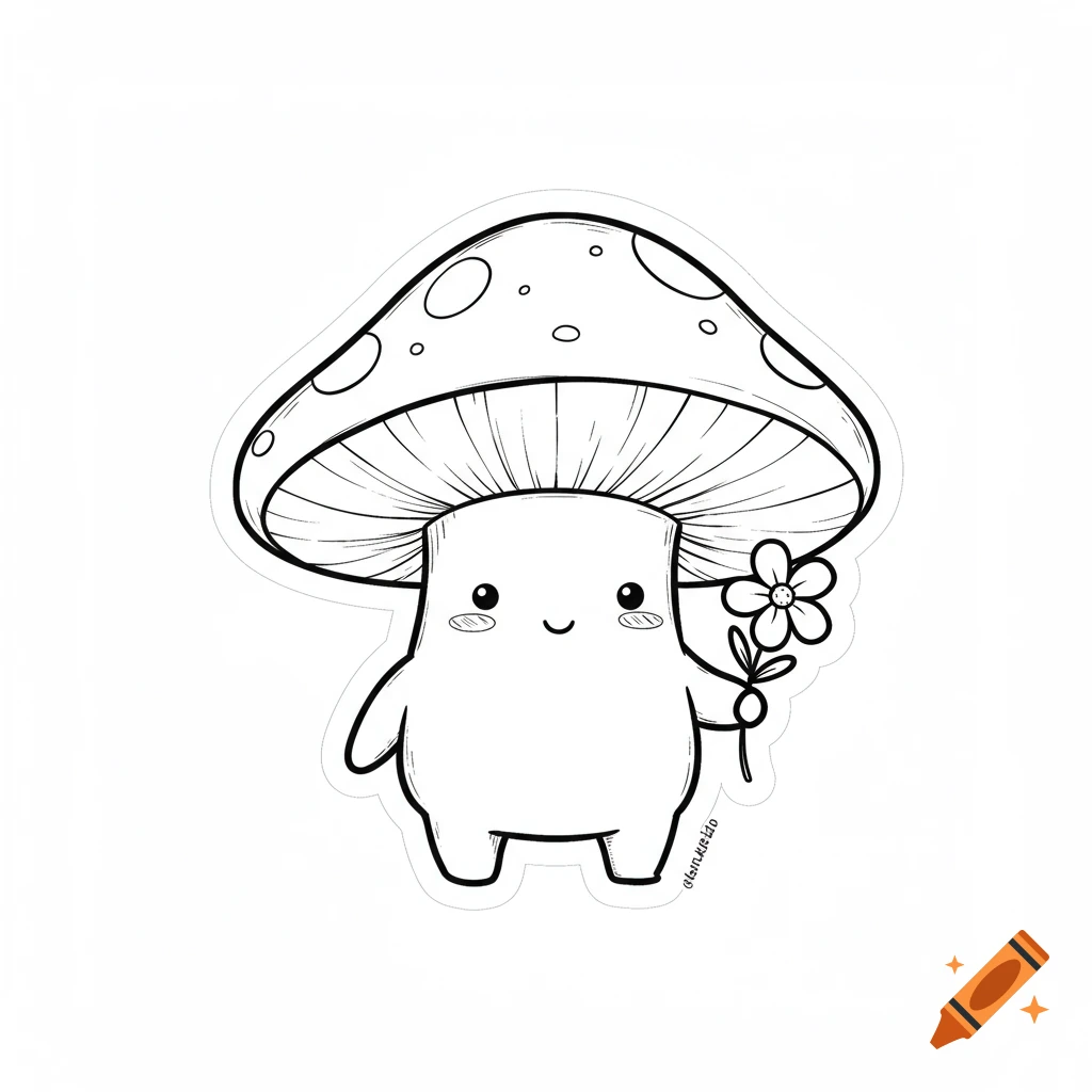 A cute, simple black and white line sketch of a happy mushroom character holding a flower.