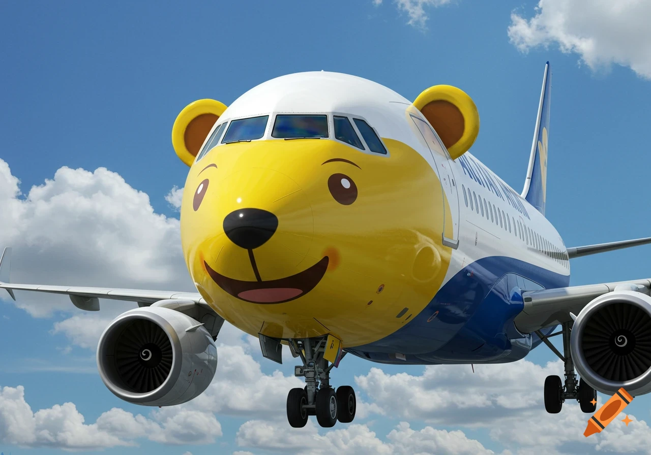 A photorealistic airplane with a large yellow honey bear face on its nose, flying against a blue sky with white clouds.