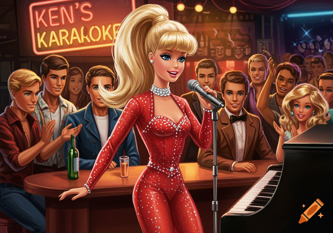 Barbie in a sparkling red catsuit sings into a microphone at Ken's Karaoke bar, surrounded by an audience of cheering Ken dolls. Illustrated style.
