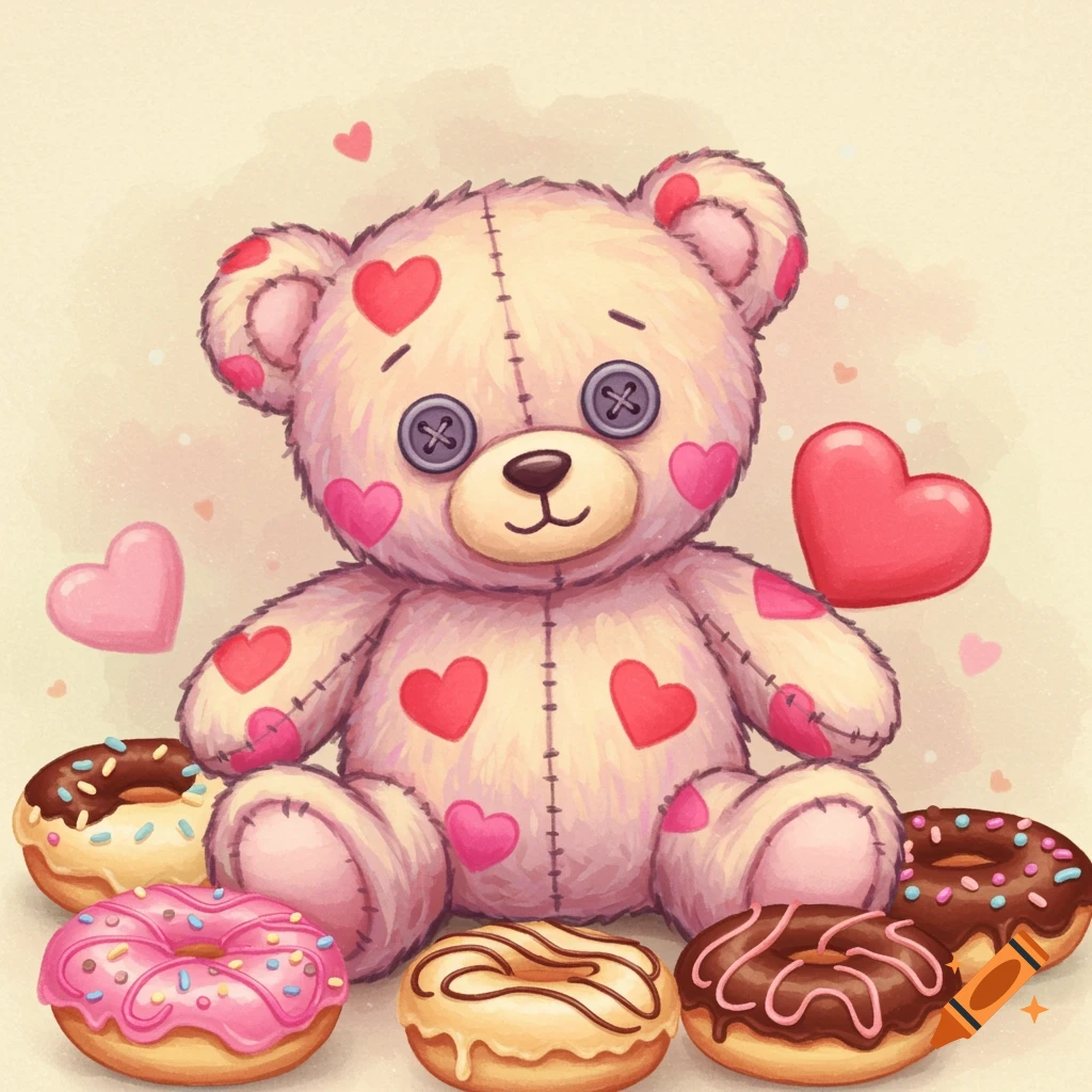A cute pink and cream teddy bear with button eyes and red hearts on its fur, sitting amongst several glazed and chocolate donuts, in a watercolor style.