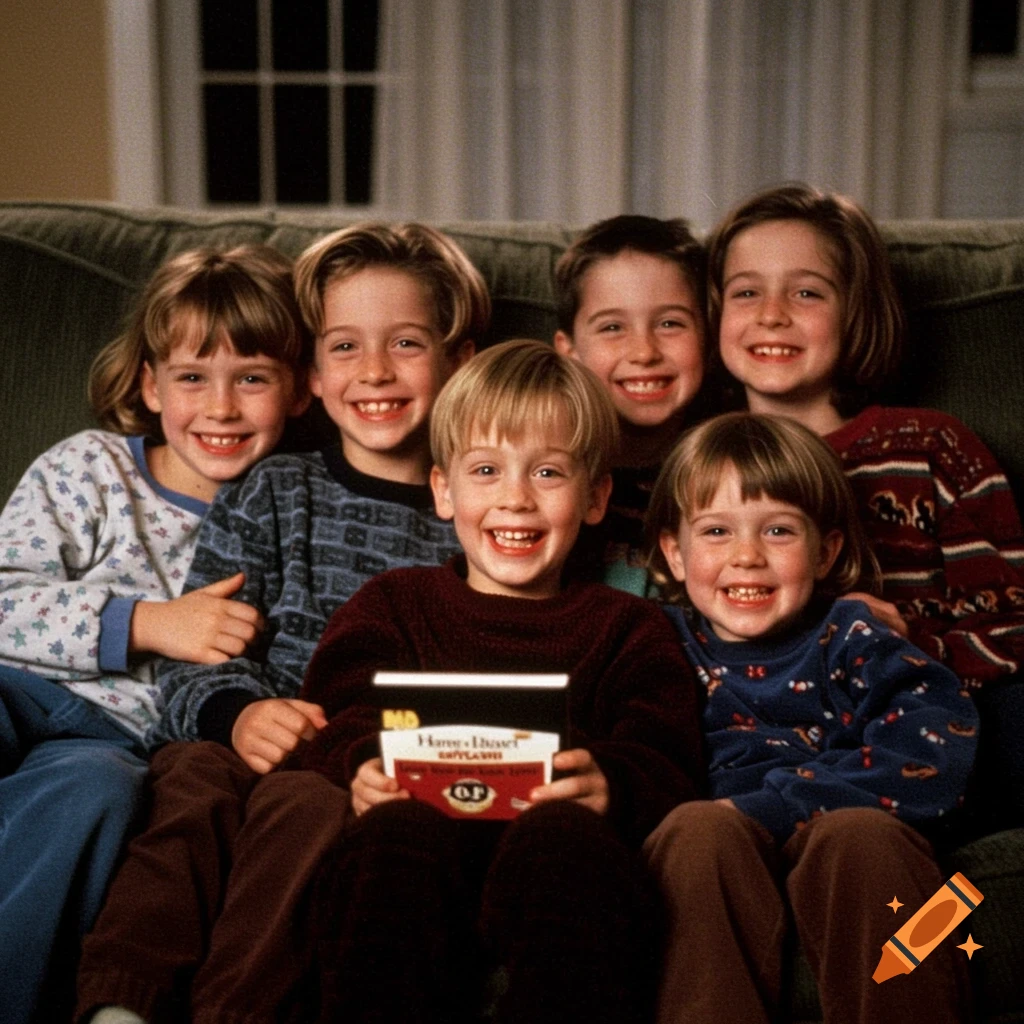 Six smiling children, including Kevin from Home Alone, sit on a couch. The central child holds a box.