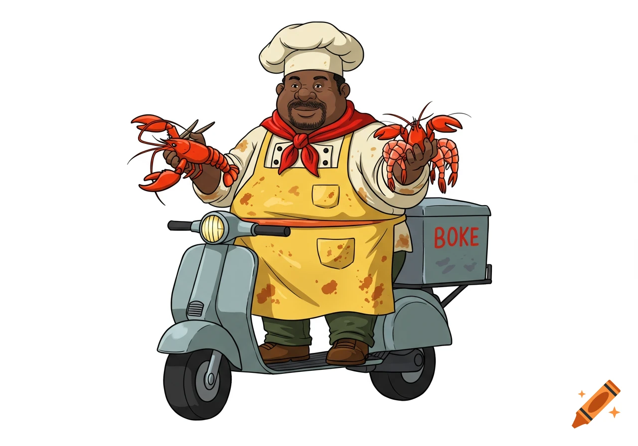 An animated chubby Black chef in an apron rides a scooter, holding red lobsters and shrimp.