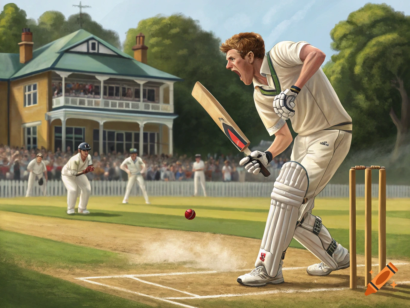 An illustrated scene of a cricket match, with a red-haired batsman reacting to a bowled ball on a pitch with a large house and crowd in the background.