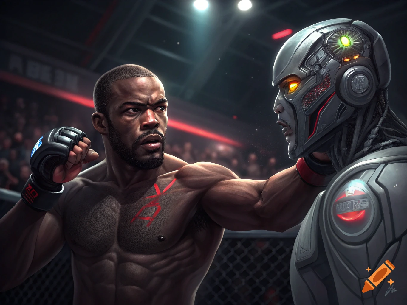 A muscular male fighter in a ring prepares to punch a grey and red cyborg with glowing eyes in a dramatic, futuristic combat scene.