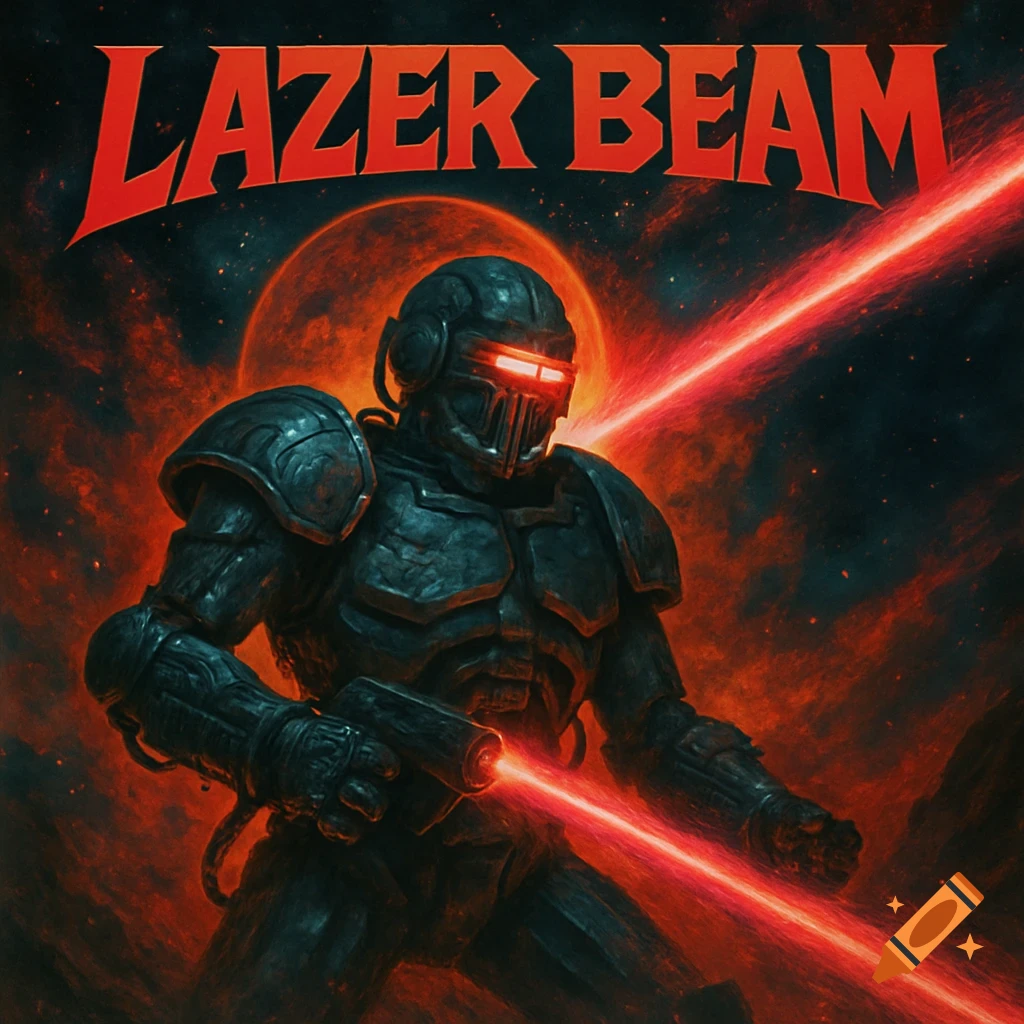 A dark armored sci-fi figure with glowing red eyes shoots a laser beam, set against a fiery red space background. 'LAZER BEAM' text at top.