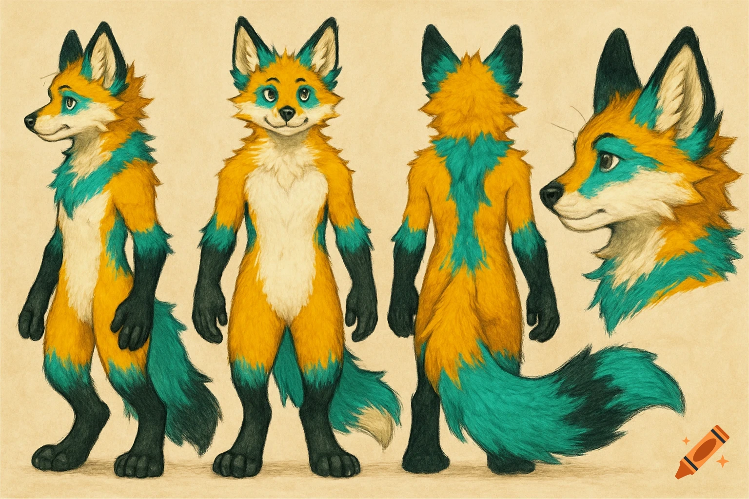 A reference sheet of a vibrant yellow, orange, teal, white, and black fox fursona, shown from front, side, and back views, along with a detailed headshot.