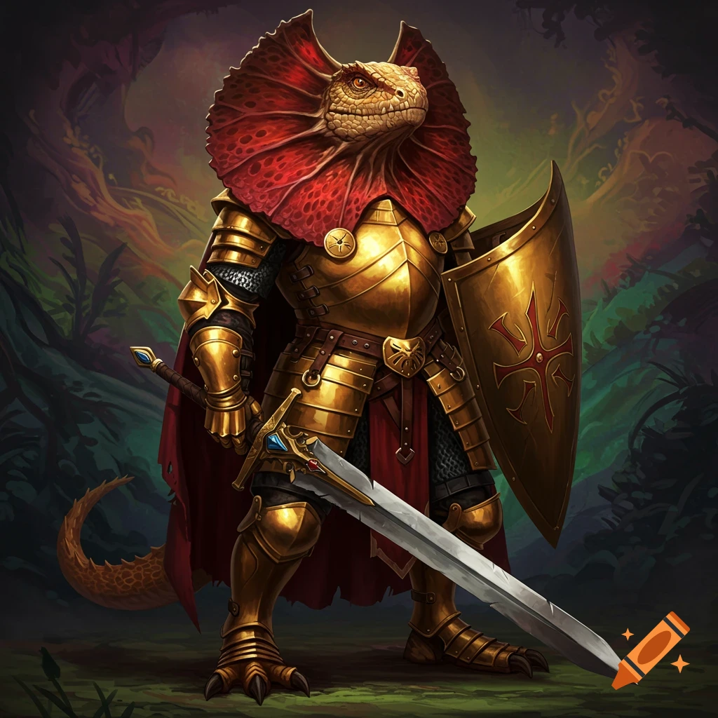 A frilled lizard paladin in golden armor holds a large sword and shield in a fantasy setting.