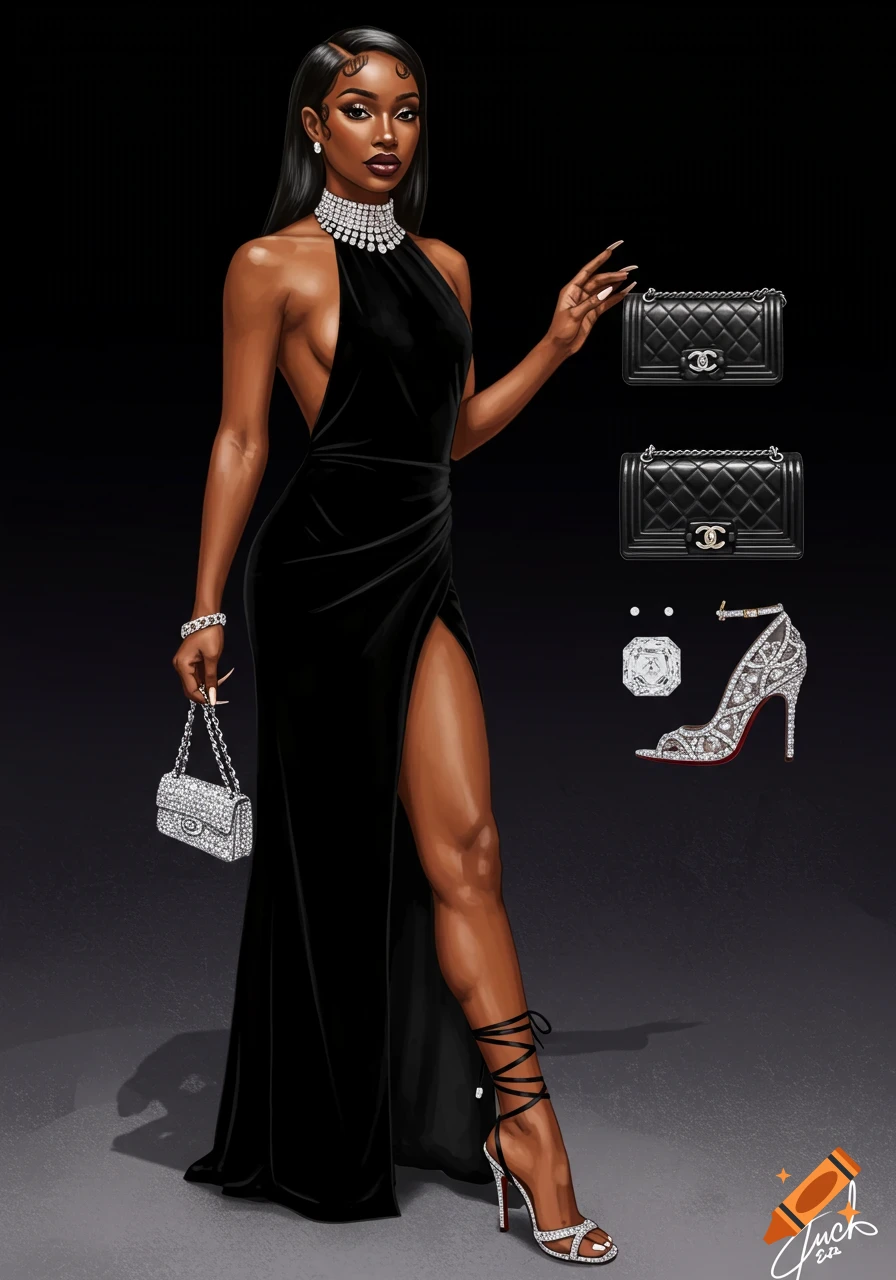 An illustration of a woman in a black velvet gown with a high slit, diamond choker, crystal heels, and designer handbags.