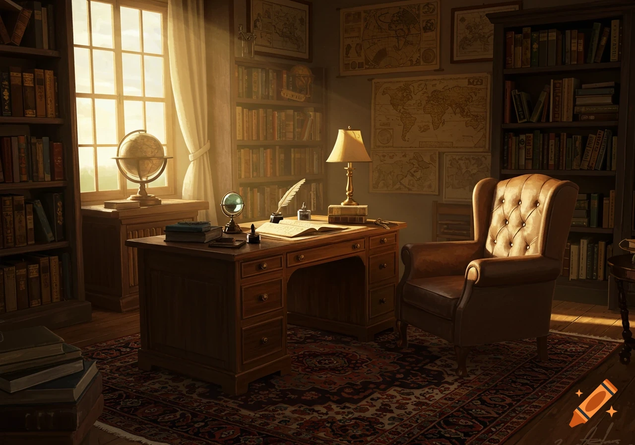 A warm, sunlit traditional study room with a wooden desk, leather armchair, bookshelves, globe, and wall maps.