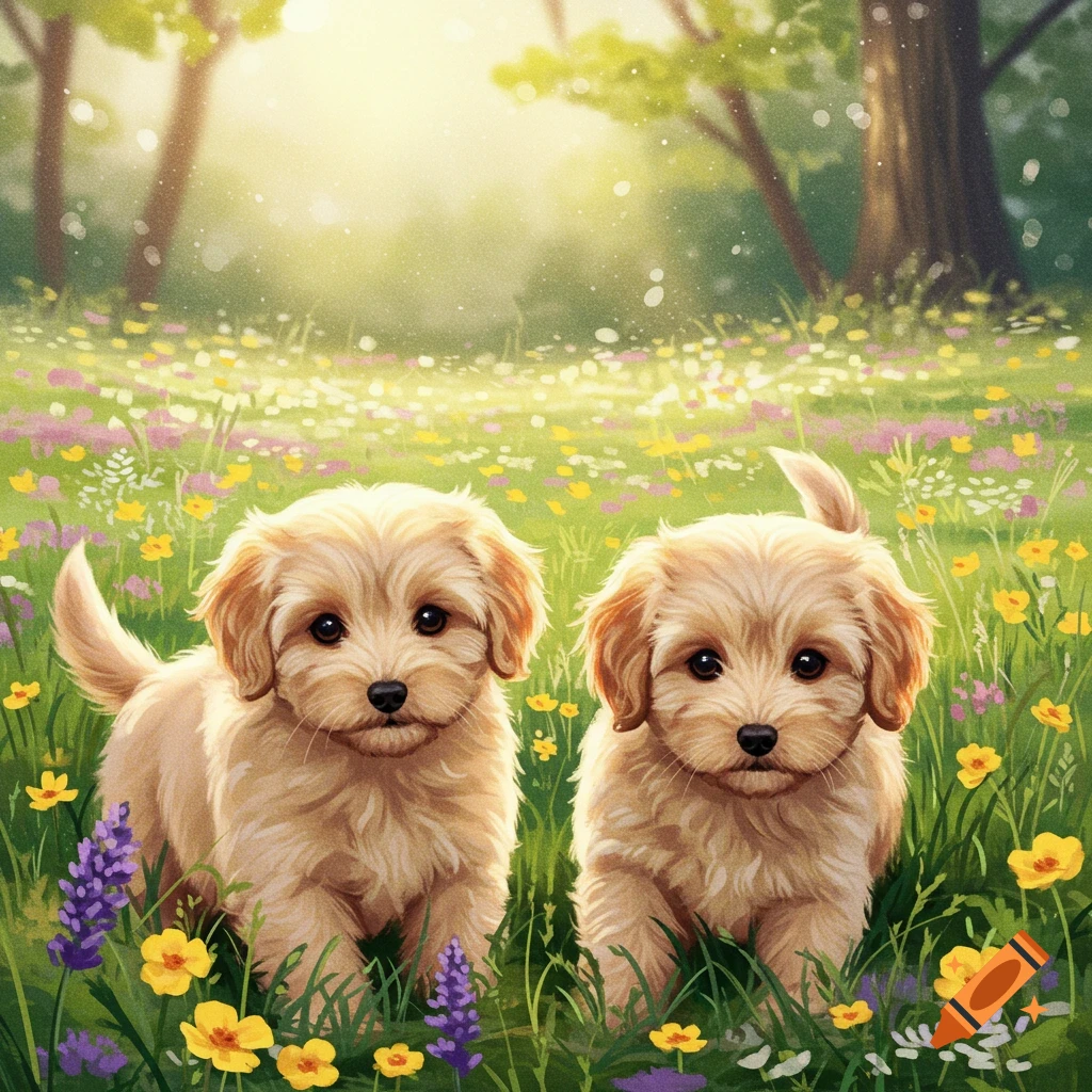 Two fluffy golden puppies stand in a sunlit field filled with colorful wildflowers and green grass.