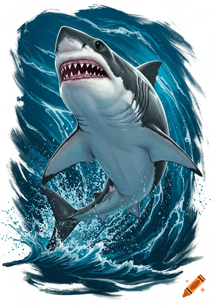 A dynamic illustration of a great white shark leaping from blue water with its mouth open, showing sharp teeth.