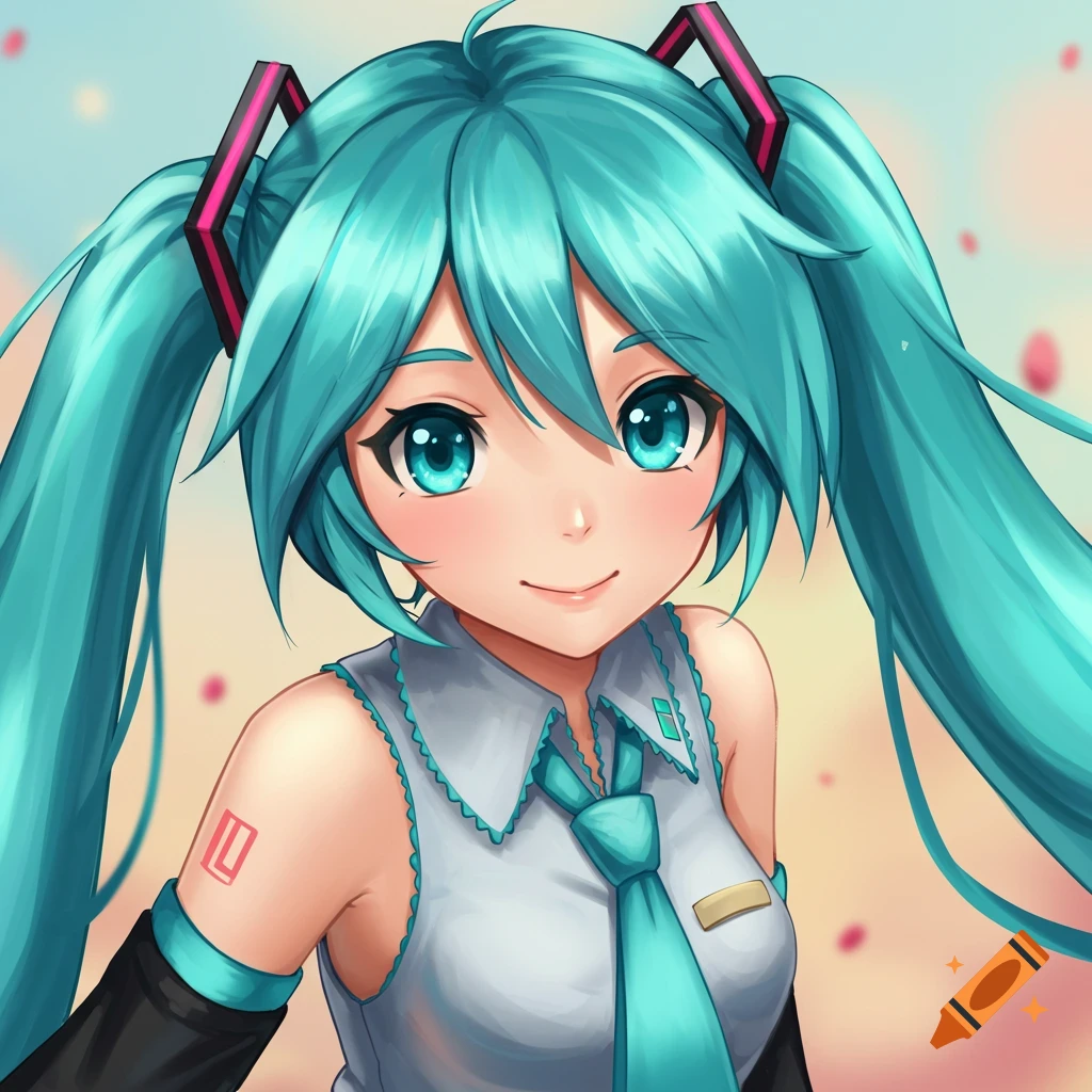 Close-up of Hatsune Miku, a smiling anime girl with long turquoise twin tails and blue eyes, wearing her signature outfit, against a soft, light background.