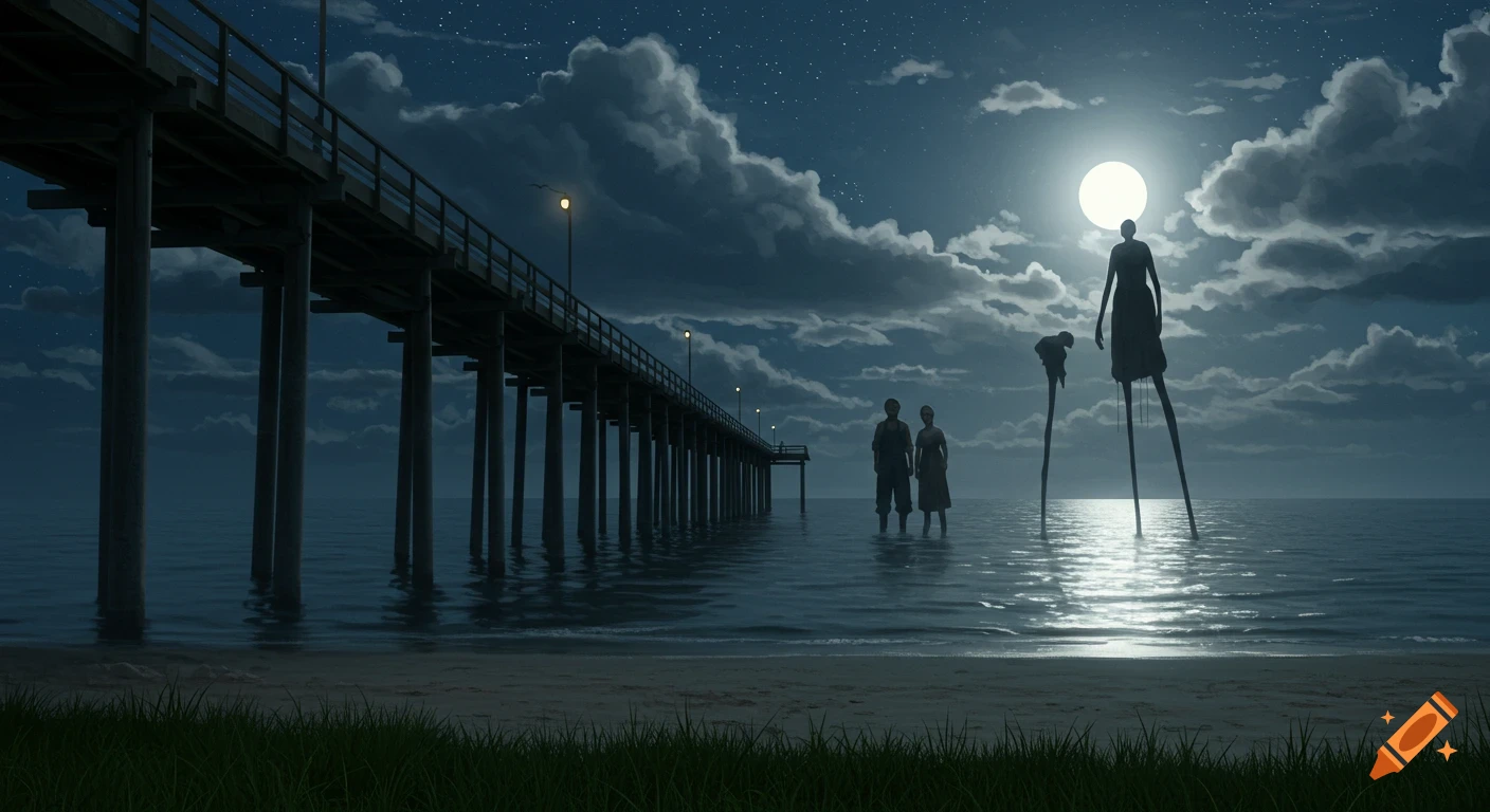 A surreal nightscape with a full moon over a pier and unnaturally tall, silhouetted figures standing in calm water.