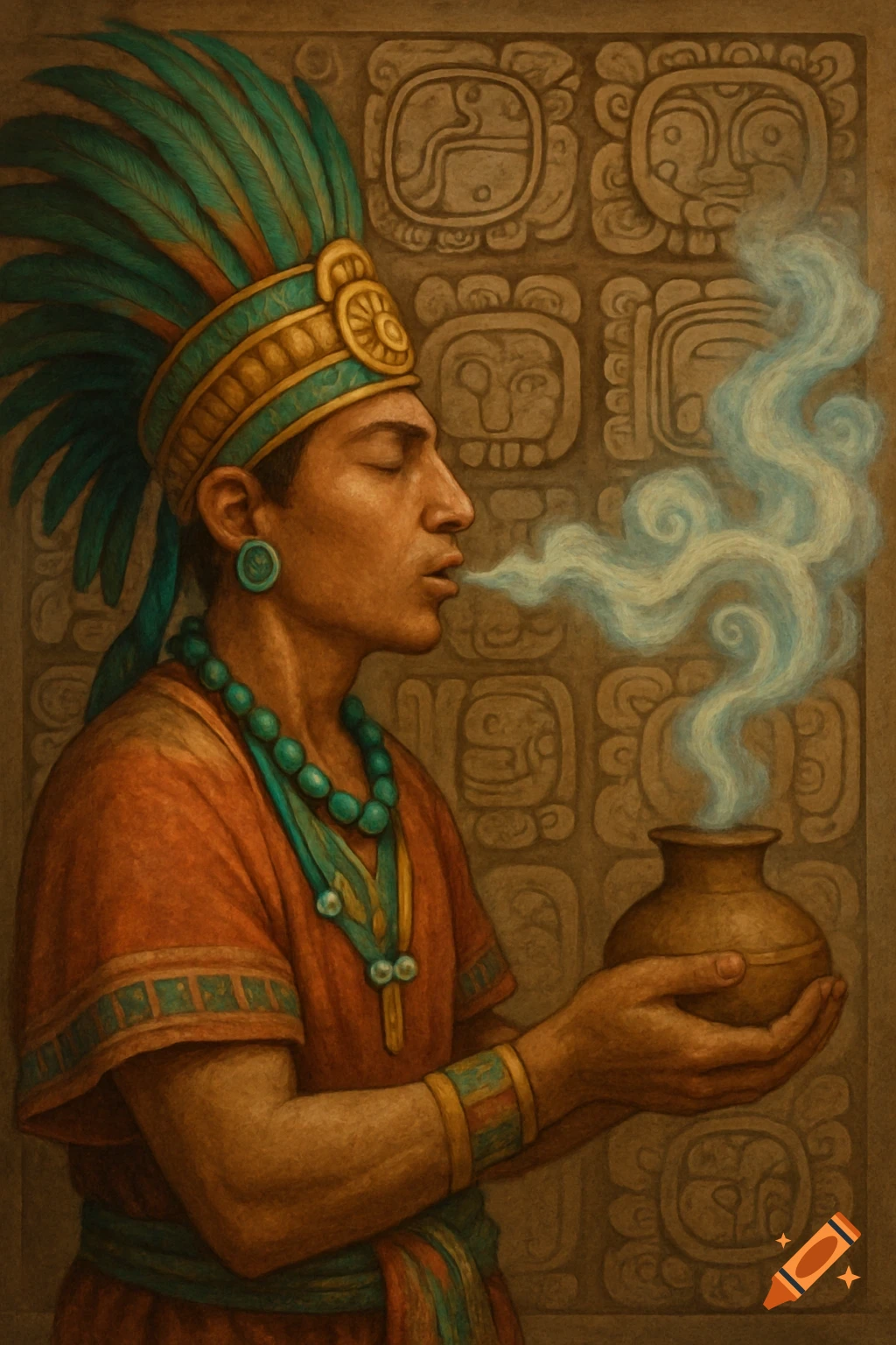 A man in traditional Aztec attire with a feathered headdress and turquoise jewelry blows blue smoke from an earthenware pot, against a background of carved Mayan glyphs.