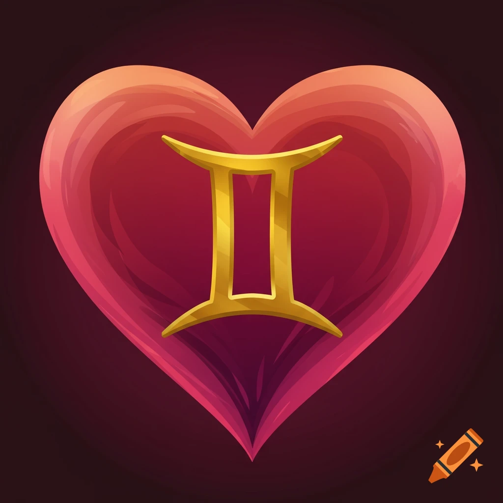 A golden Gemini zodiac symbol is centered within a glossy red heart illustration on a dark background.