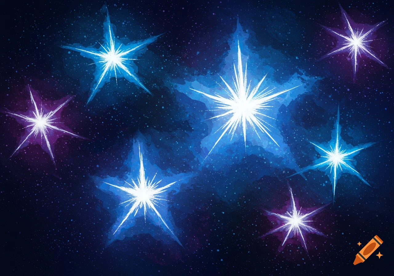 Seven glowing blue and purple stylized stars against a dark, speckled cosmic background.