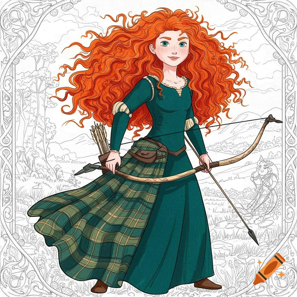 Cartoon illustration of Princess Merida from Brave, with bright red curly hair, holding a bow and arrow, set against a line art background.