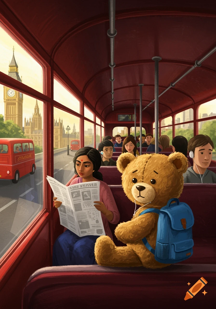 An illustration of a teddy bear and people riding a red double-decker bus in London, with Big Ben visible outside.