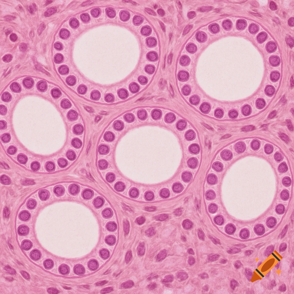 A microscopic view of multiple pink simple cuboidal epithelium structures.