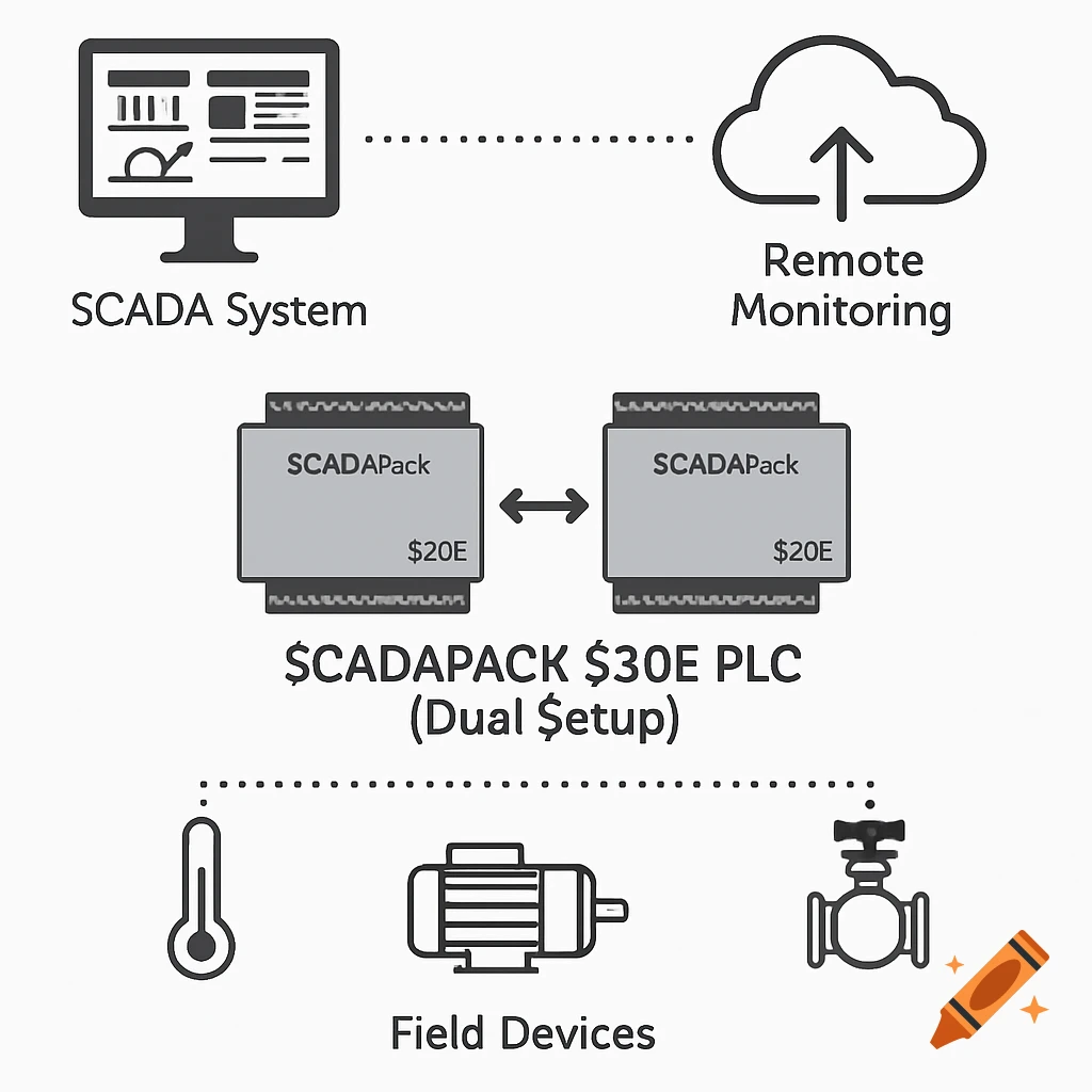 A technical diagram illustrating a SCADA system, remote monitoring, dual SCADAPack PLCs, and field devices including a thermometer, motor, and valve.
