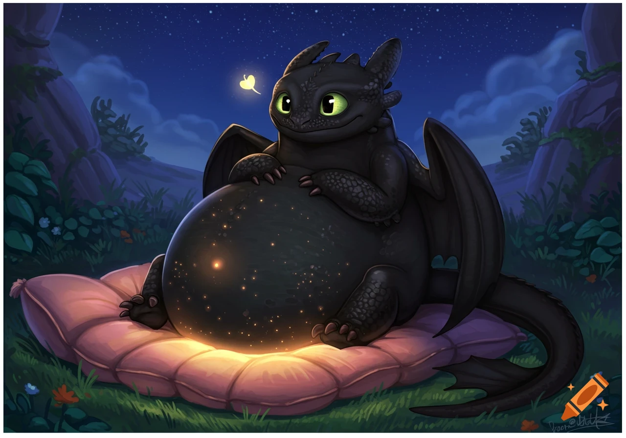 A happy, massively pregnant Toothless dragon with a glowing, starry belly lies on a pink pillow at night under a starry sky.