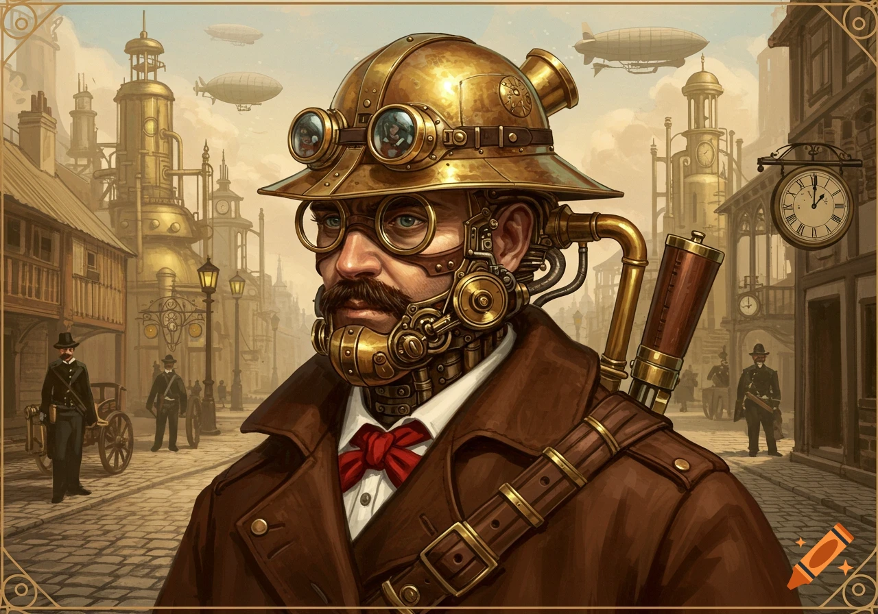 A detailed steampunk illustration of a man with a golden helmet, goggles, and mechanical jaw, standing in a steampunk city with airships.