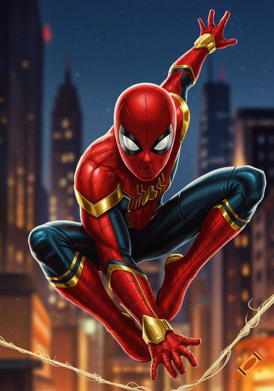 Spider-Man in his red, blue, and gold suit, crouching in a dynamic pose against a blurred city skyline at dusk.
