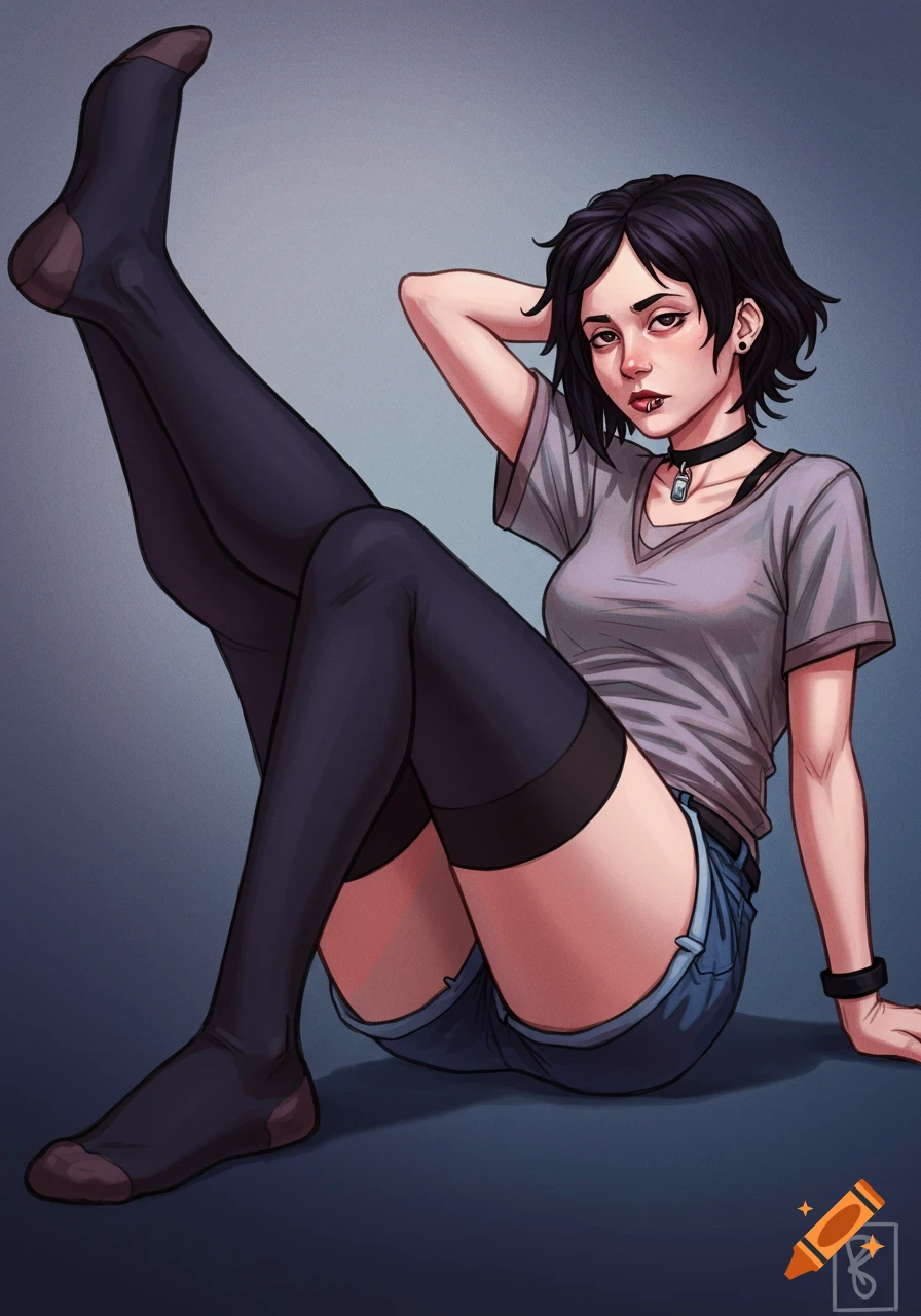 Illustrated young woman with short dark hair, gray tee, denim shorts, and thigh-high socks, sitting relaxed with legs up.