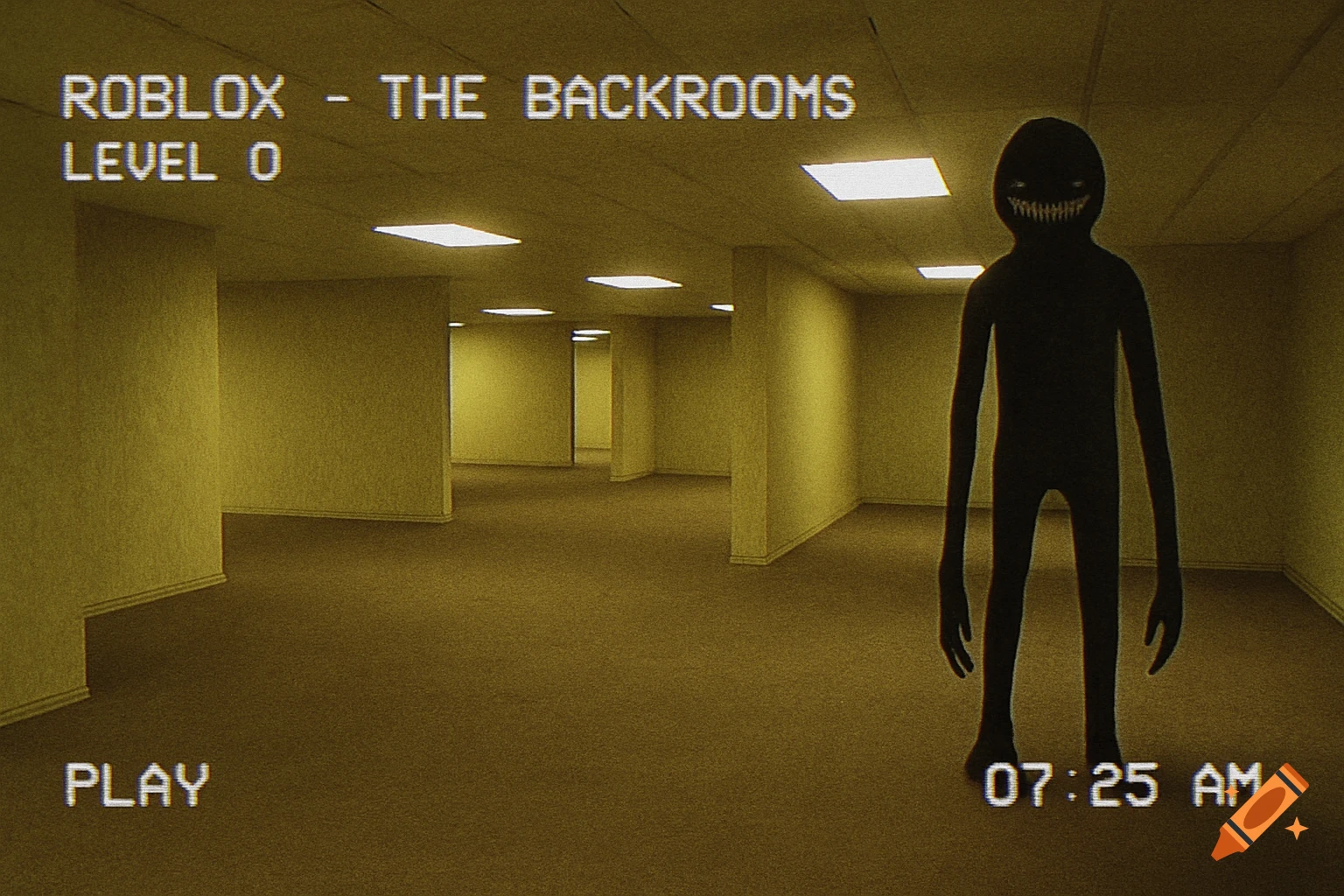 A dark, slender monster with a wide, toothy grin stands in a yellow-walled, brown-carpeted infinite room, with VHS effect and on-screen text.