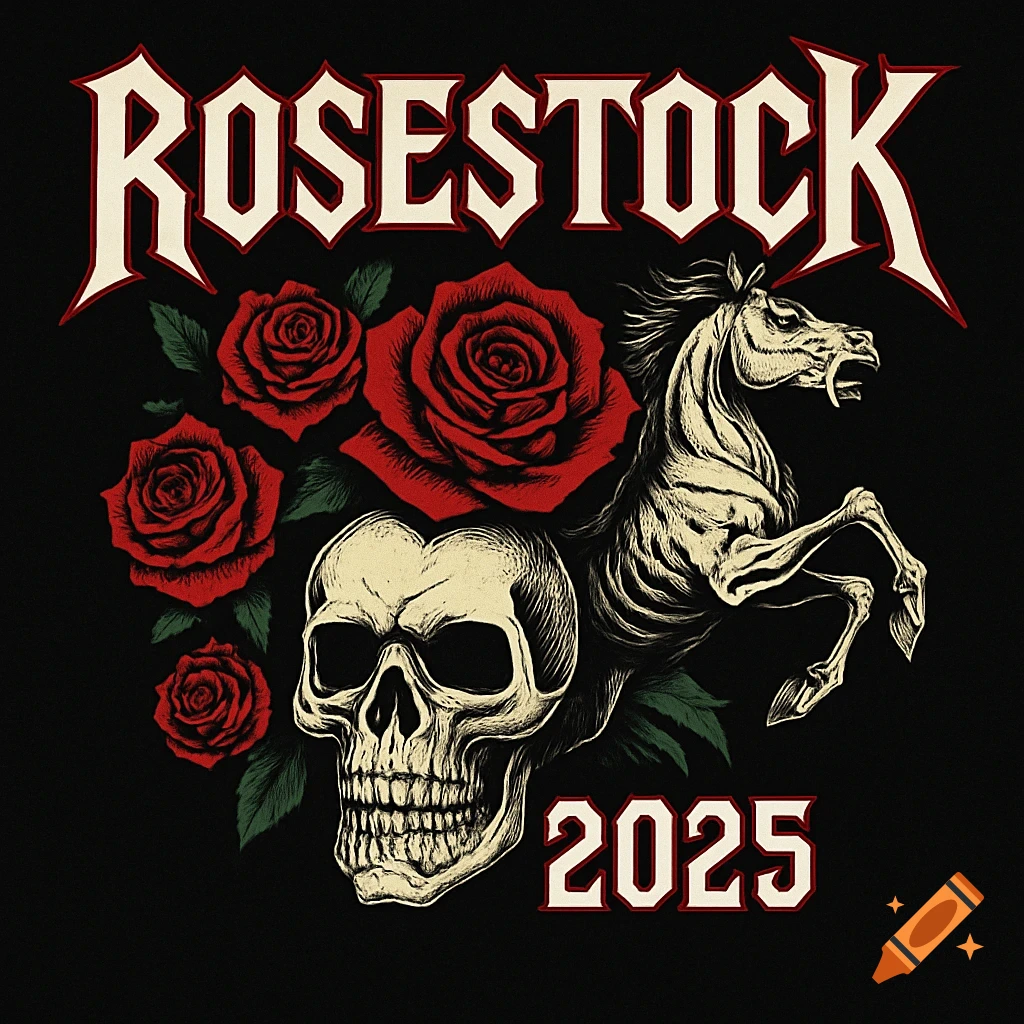 Heavy metal style logo for RoseStock 2025 featuring a skull, red roses, and a rearing horse.