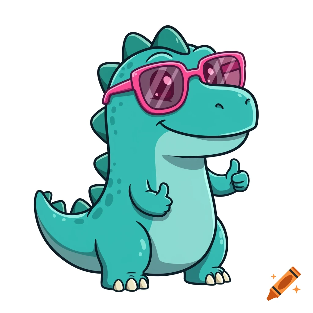 A cute teal cartoon dinosaur wearing pink sunglasses gives a thumbs up on a white background.