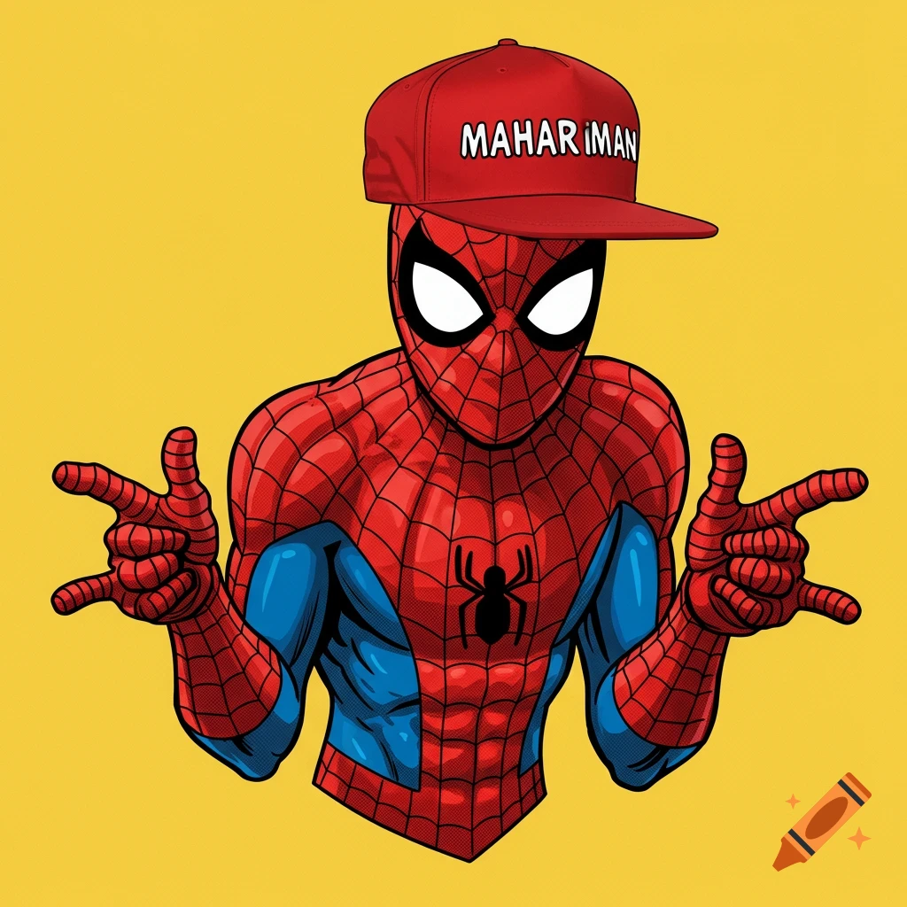 Spiderman in his iconic red and blue suit, wearing a red baseball cap with "MAHAR IMAN" written on it, making hand gestures.