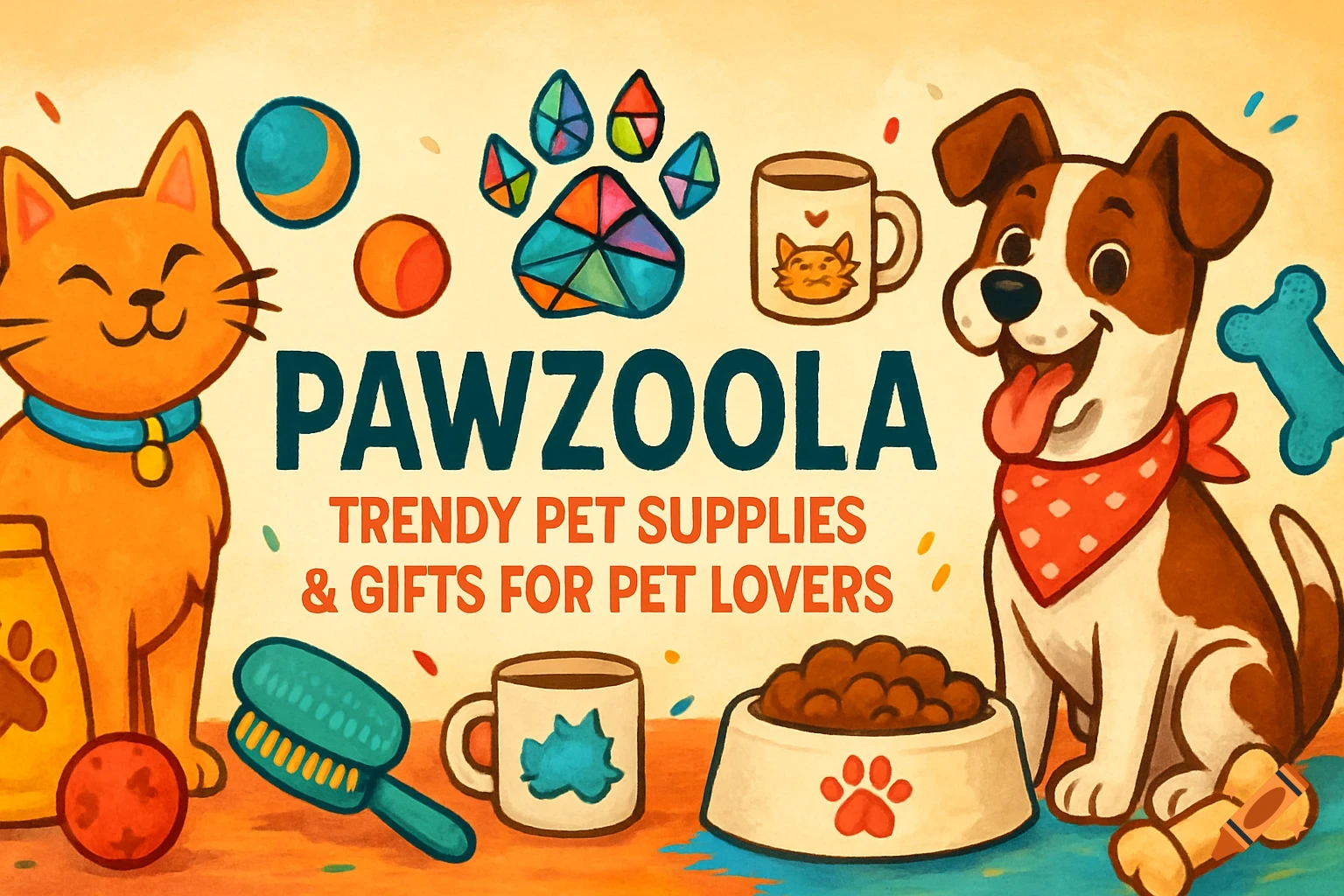 A cartoon cat and dog with pet supplies and text 'PAWZOOLA TRENDY PET SUPPLIES & GIFTS FOR PET LOVERS'.