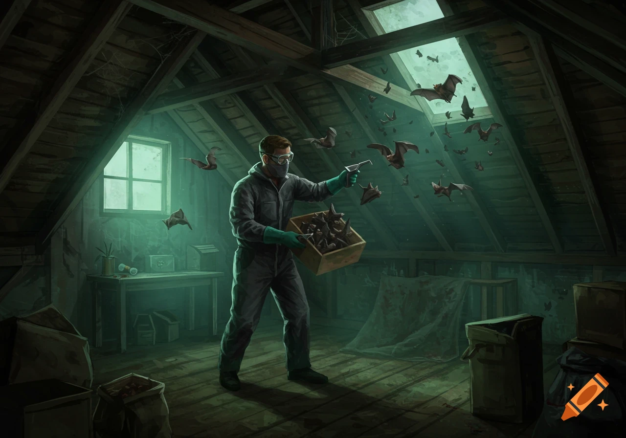 A person in protective gear in a dusty attic, holding a box of bats, with more bats flying around.