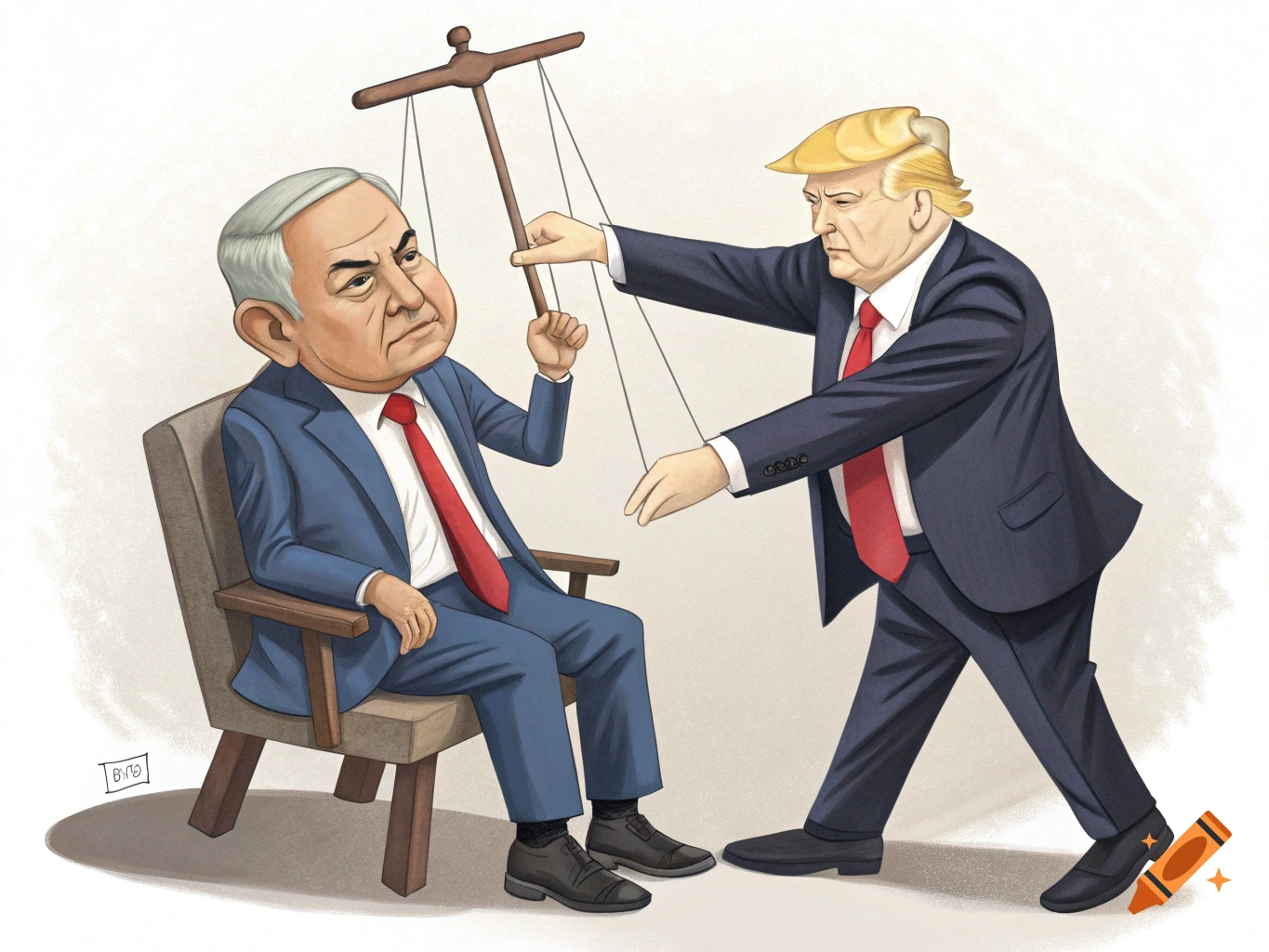 Political cartoon showing Donald Trump as a puppet master controlling Benjamin Netanyahu sitting in a chair.