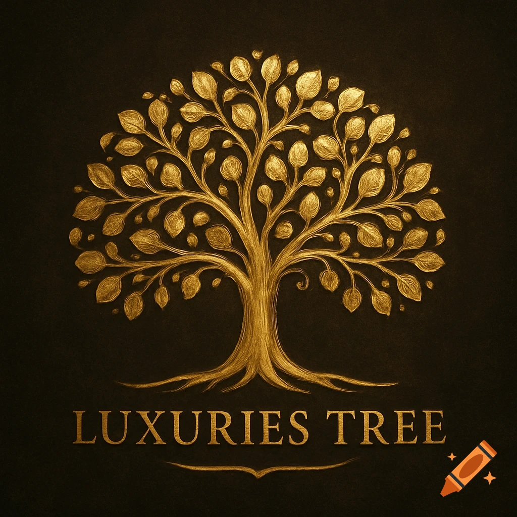A stylized golden tree logo with ornate leaves and roots, featuring the text 'LUXURIES TREE' below, on a dark background.