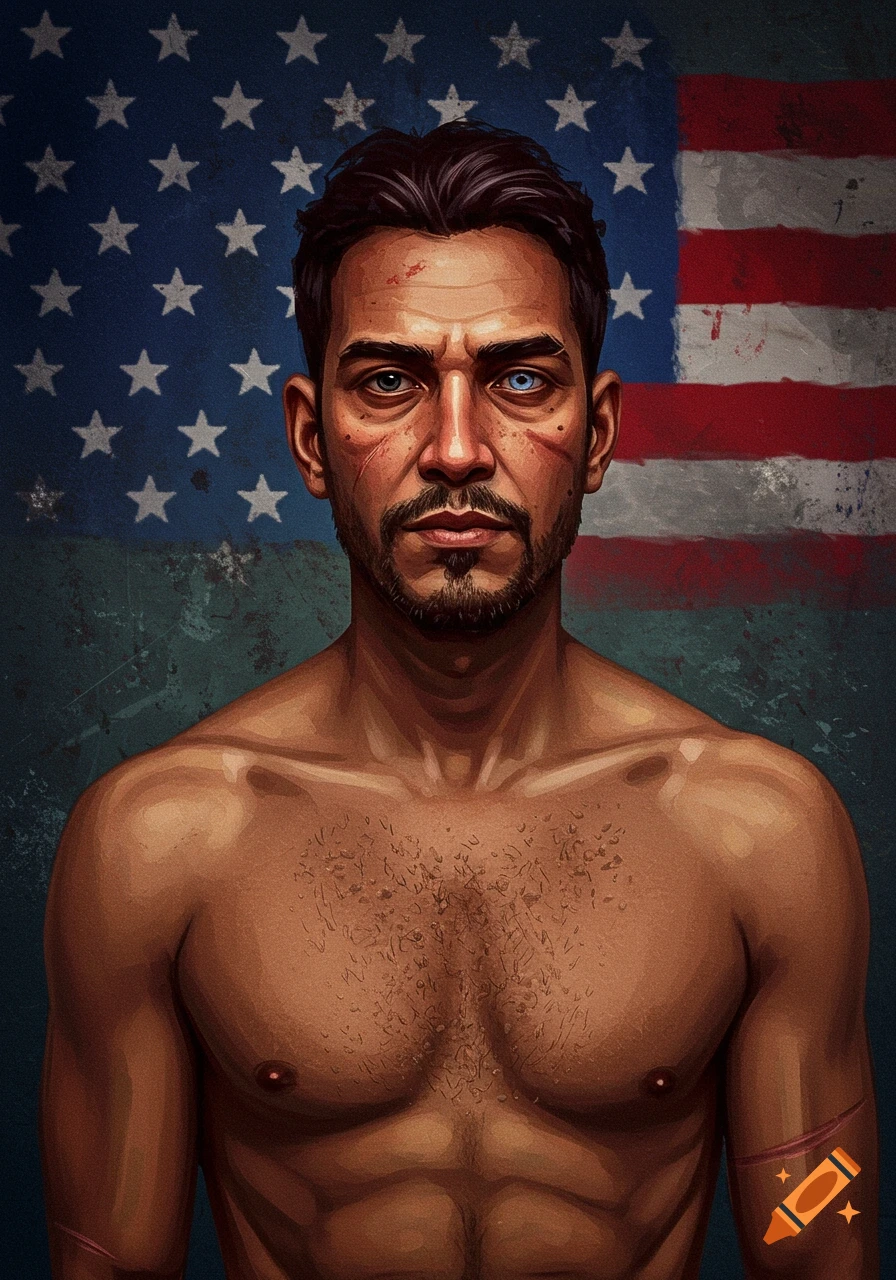 Illustration of a shirtless, bearded man with heterochromia and scars, against a distressed American flag.