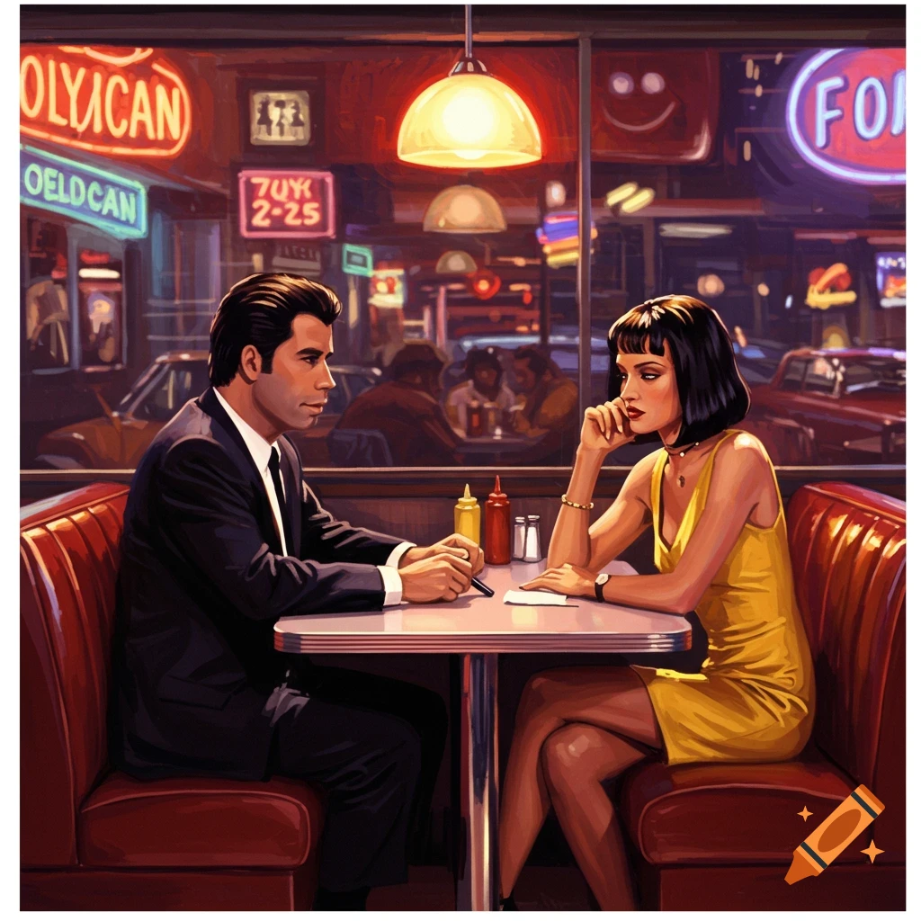 A man and a woman resembling characters from Pulp Fiction sit at a table in a dimly lit diner with neon signs in the background.