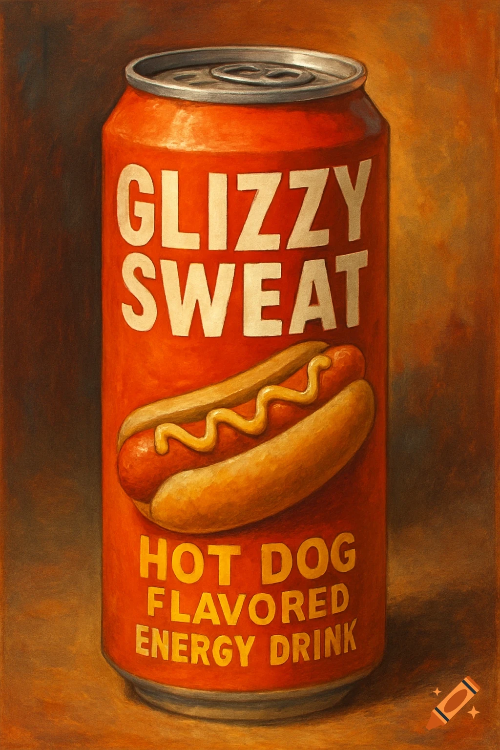 A close-up of a red energy drink can with "GLIZZY SWEAT HOT DOG FLAVORED ENERGY DRINK" and an illustration of a hot dog with mustard.