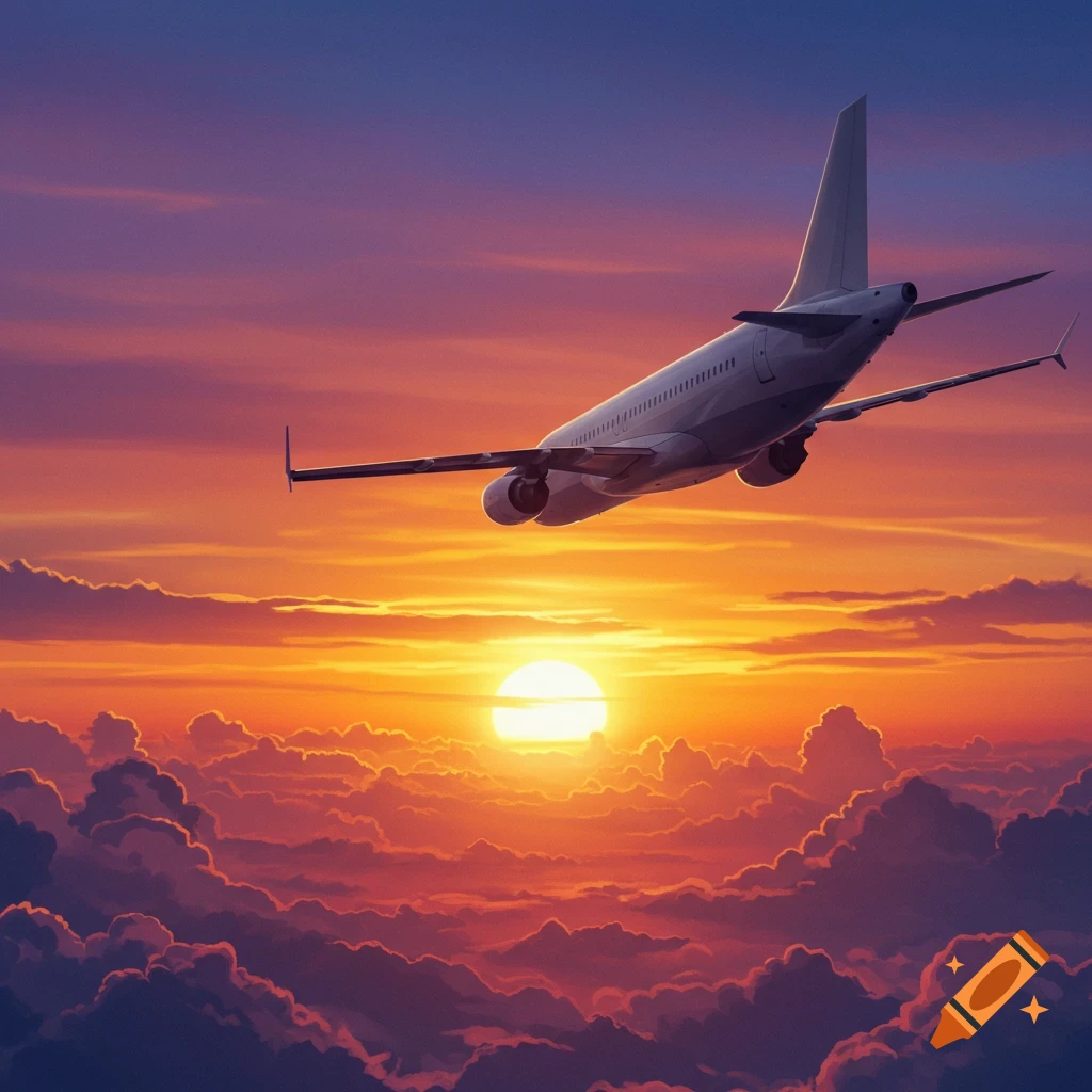 A white airplane flies above vibrant orange, red, and purple clouds during a golden sunset.