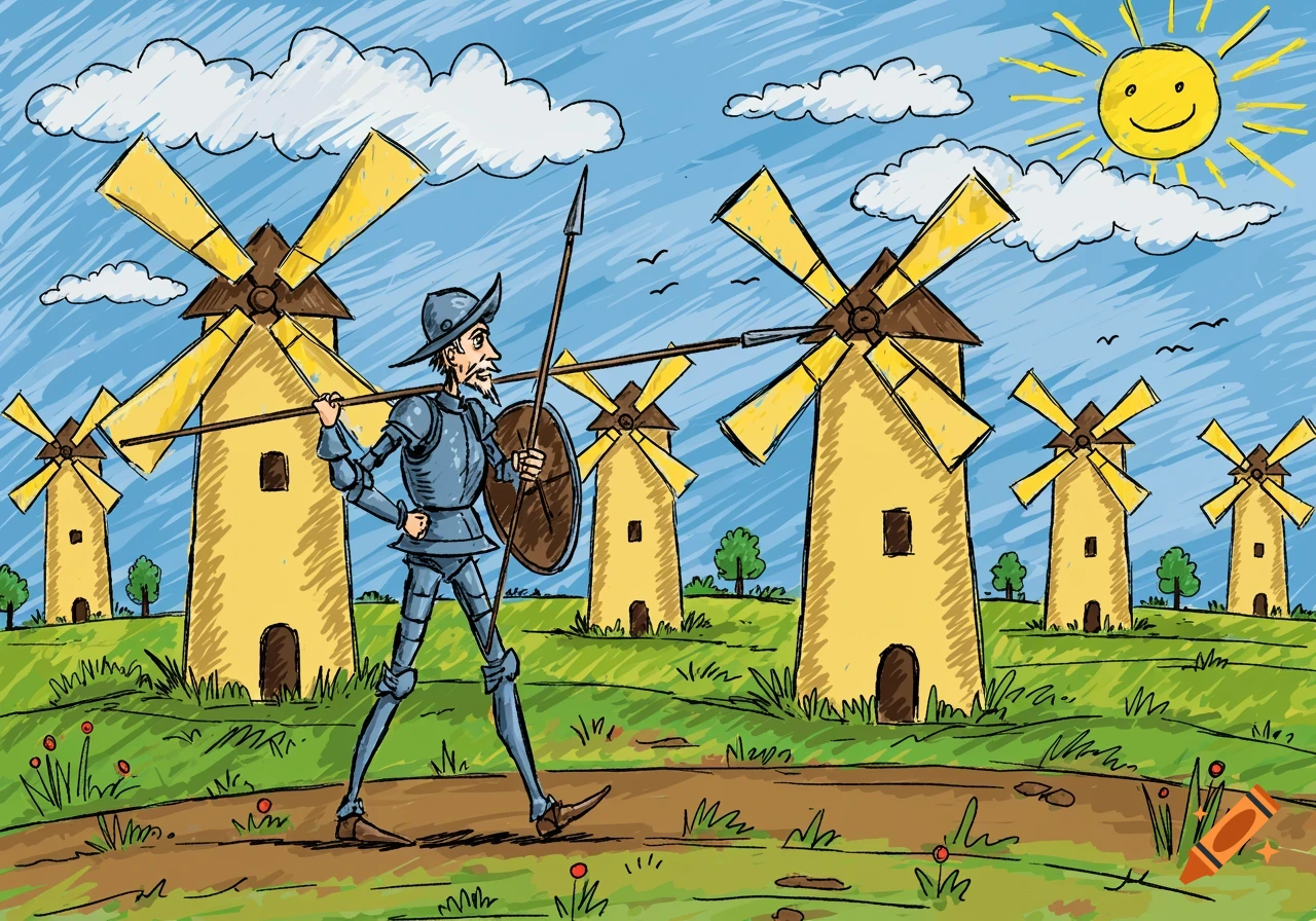 A colorful child-like drawing of Don Quixote in armor, with a spear and shield, walking towards several windmills under a smiling sun.