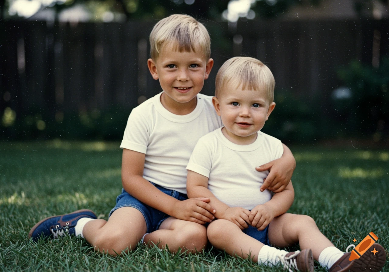 Two young boys with bowl cuts sitting on grass in a backyard, the older boy has his arm around the younger one.