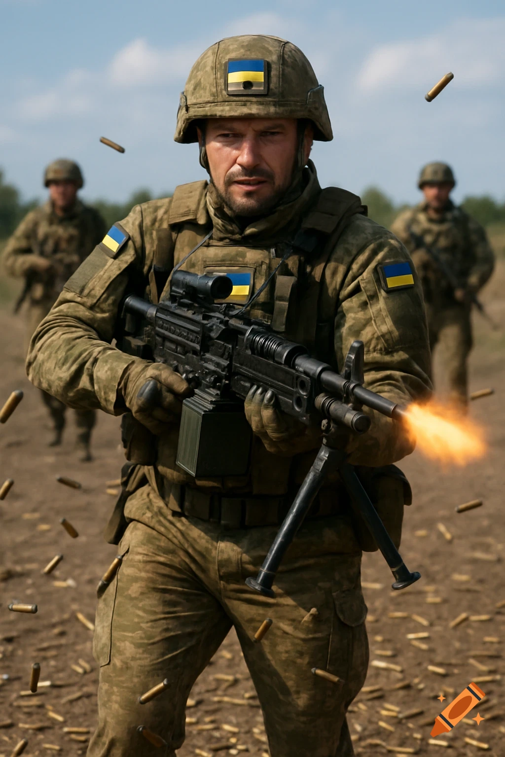 Photorealistic image of a Ukrainian soldier firing a machine gun, with cartridge casings flying around him and littering the ground. Other soldiers are in the blurry background.
