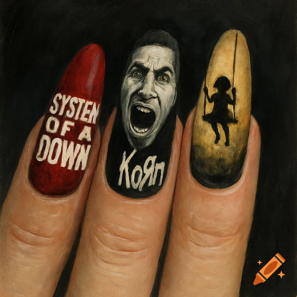 Close-up painting of three fingers with acrylic nails. One red with 'SYSTEM OF A DOWN', one black with a screaming face and 'KoЯn', and one gold with a girl on a swing silhouette.