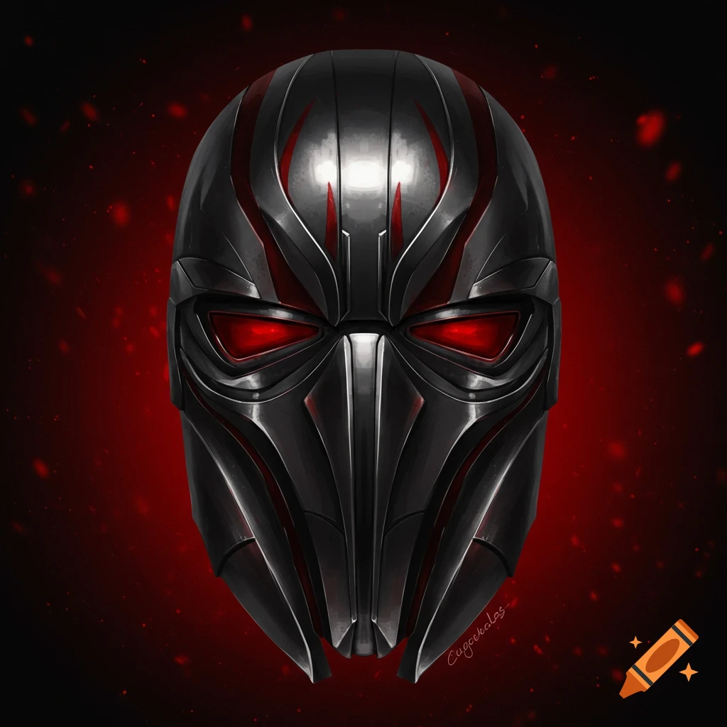 A dark metallic mask with red glowing eyes and angular designs, resembling a Sith Lord's helmet.