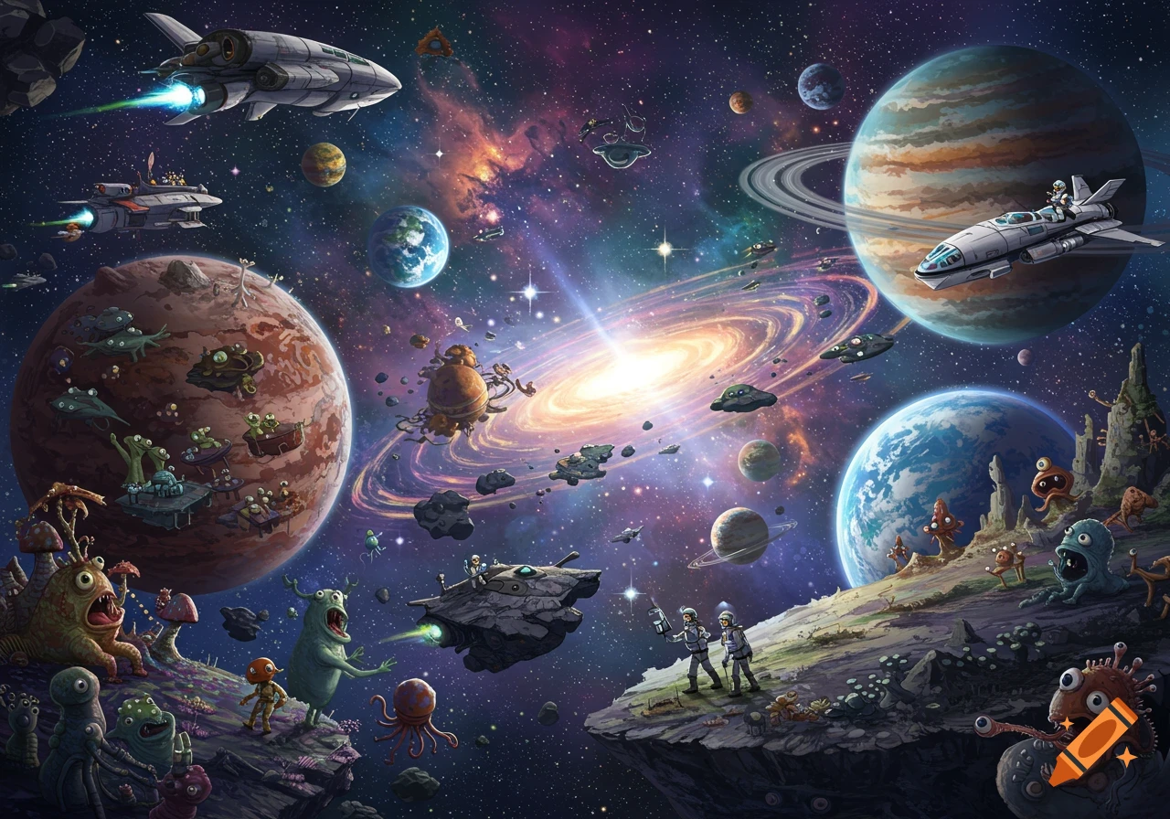 A vibrant cartoon space universe with colorful planets, rocket ships, and whimsical aliens amidst a swirling galaxy and stars.