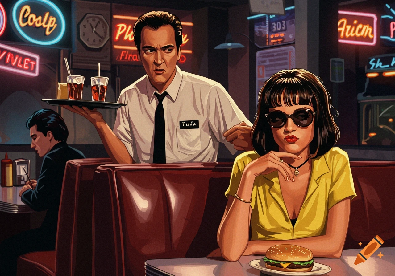 Stylized art of Mia Wallace in a diner booth with a burger, while a waiter resembling Quentin Tarantino serves drinks.