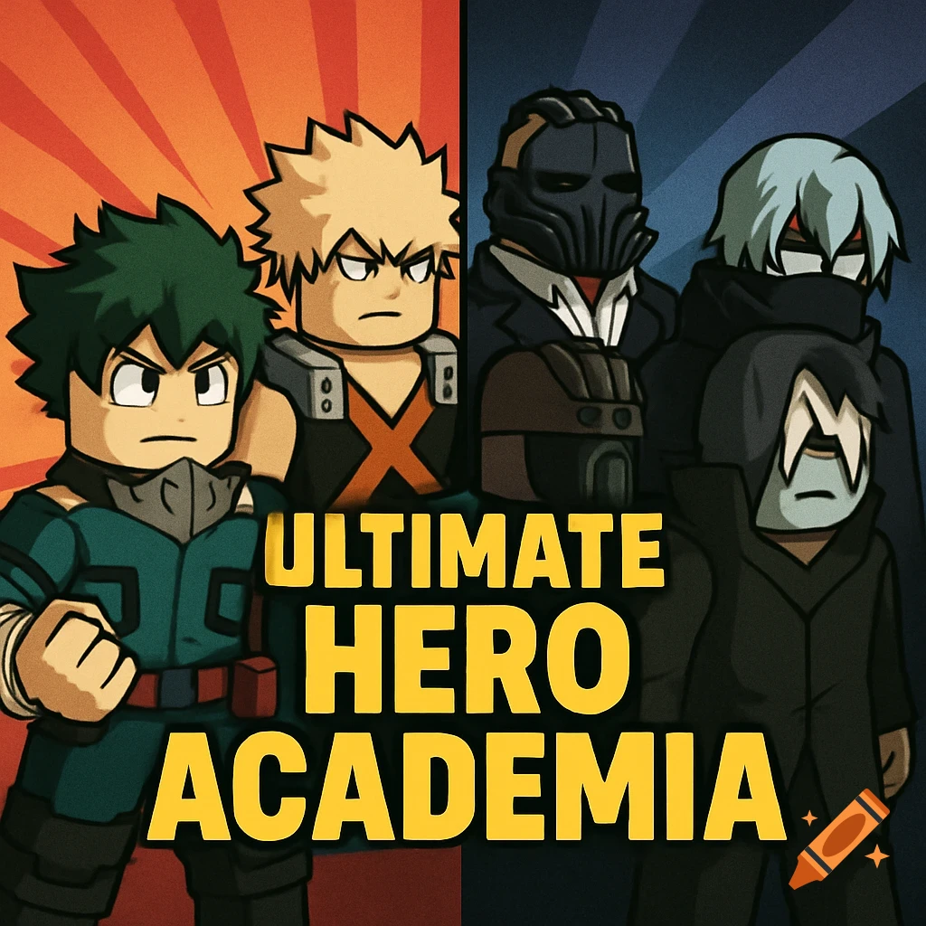Roblox-style fan art of My Hero Academia heroes Deku and Bakugo facing off against three villains, with "ULTIMATE HERO ACADEMIA" text.